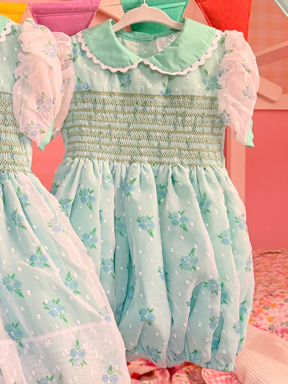 Hand Smocked Jenny’s Mint Chiffon Swiss Dot Rose Bubble